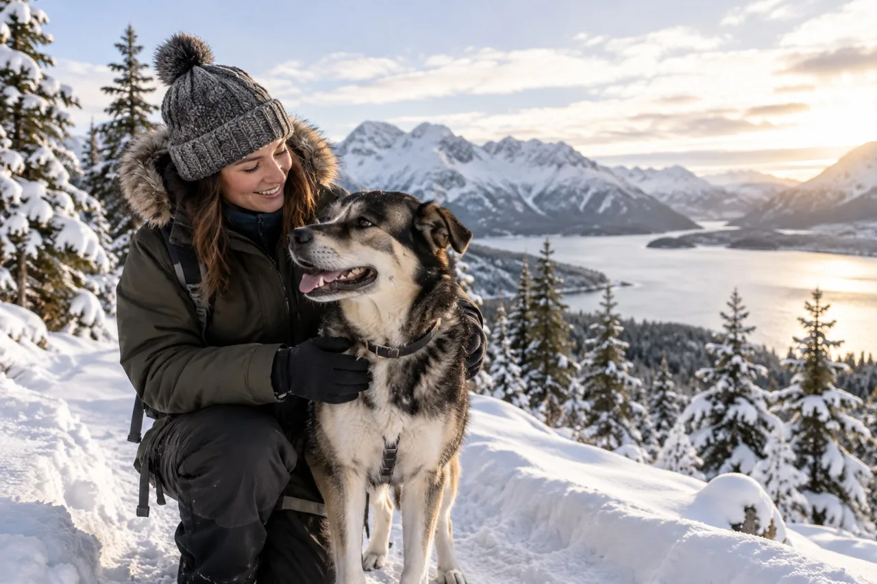 Owner beside a thick-coated black-and-white dog outdoors in snow